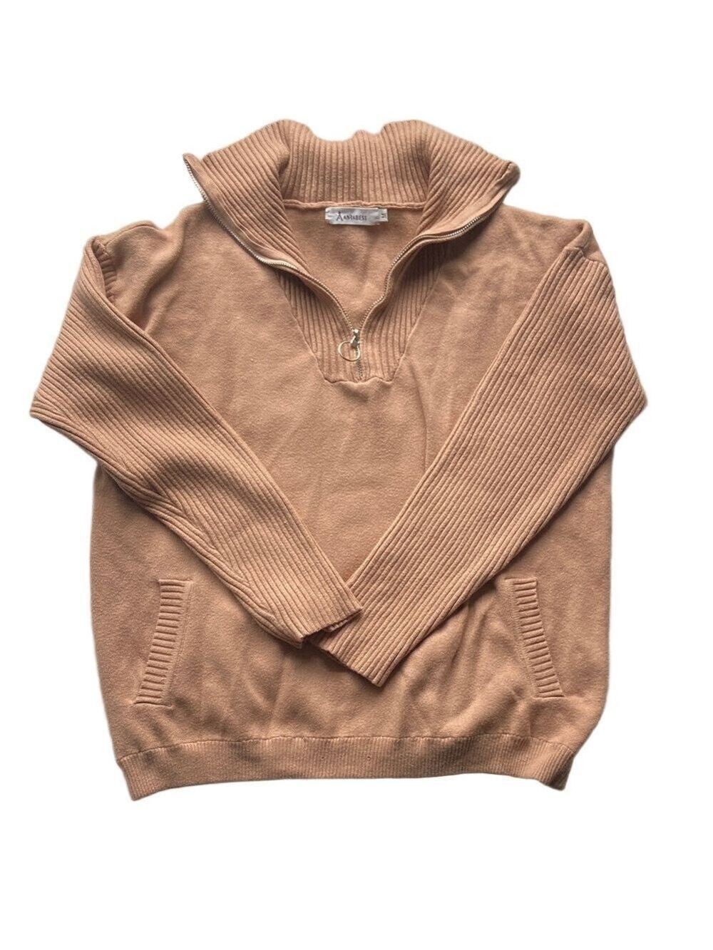 Anrabess Tan 1/4 Zip Rib Knit Sweater with 2 Front Pockets Size Medium